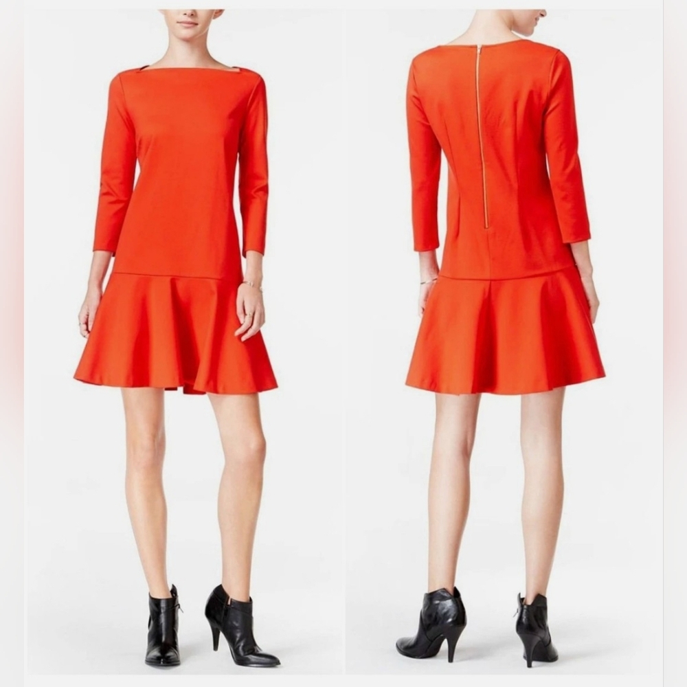Maison Jules Chic Boatneck 3/4 Sleeve Flared Hem Drop Waist Orange Dress Size M